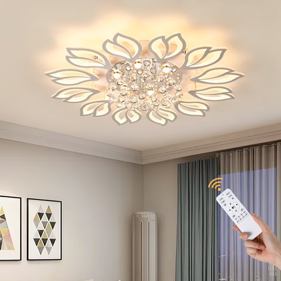 Garwarm Modern Ceiling Lamp, Dimmable LED Ceiling Light, 12-Head Flush Mount Flower Shape Chandelier with Remote, Acrylic Petal Lighting Fixture for Bedroom Kitchen Dining Living Room (55W,White)