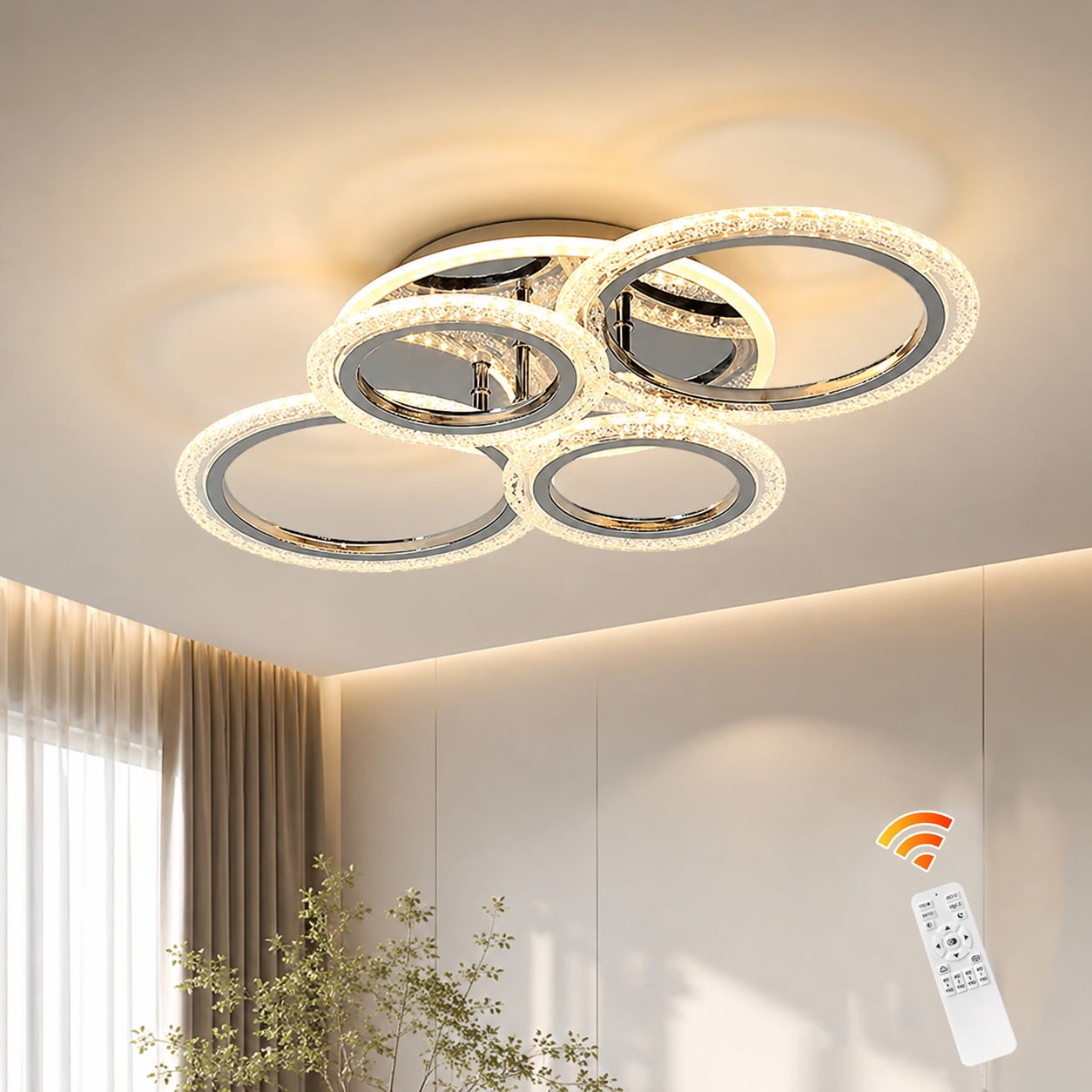 Garwarm Chrome 6-Ring LED Ceiling Light, Modern Dimmable 3000K-6500K Flush Mount Ceiling Light with Remote, Acrylic Ring Ceiling Lamp Fixture for Living Room, Dining Room, Bedroom