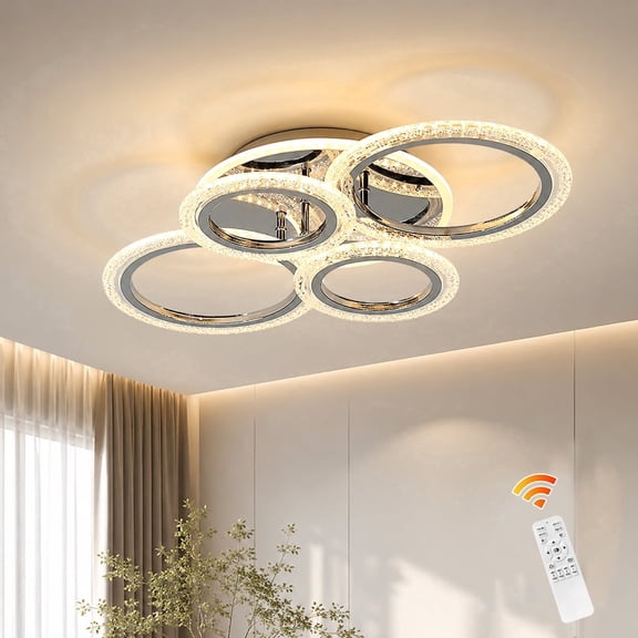 Garwarm Chrome 6-Ring LED Ceiling Light, Modern Dimmable 3000K-6500K Flush Mount Ceiling Light with Remote, Acrylic Ring Ceiling Lamp Fixture for Living Room, Dining Room, Bedroom