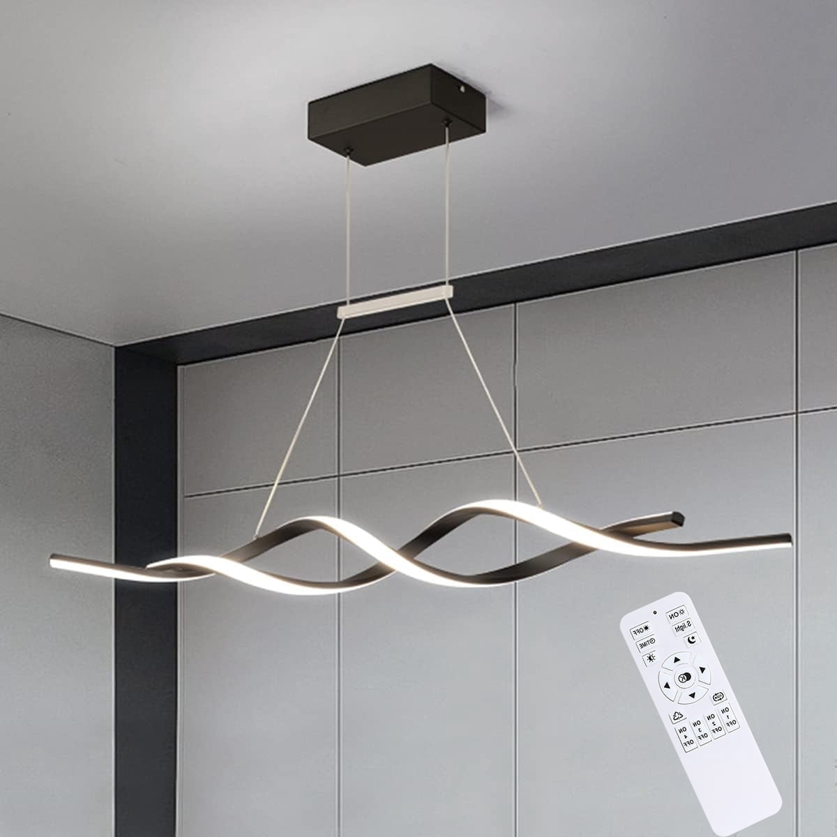 Garwarm Modern Chandelier Light, Dimmable LED Pendant Light with Remote Control, Acrylic Wave Chandeliers for Dining Rooms Bedroom Kitchen Restaurant, 3000K-6000K, 28W, Black