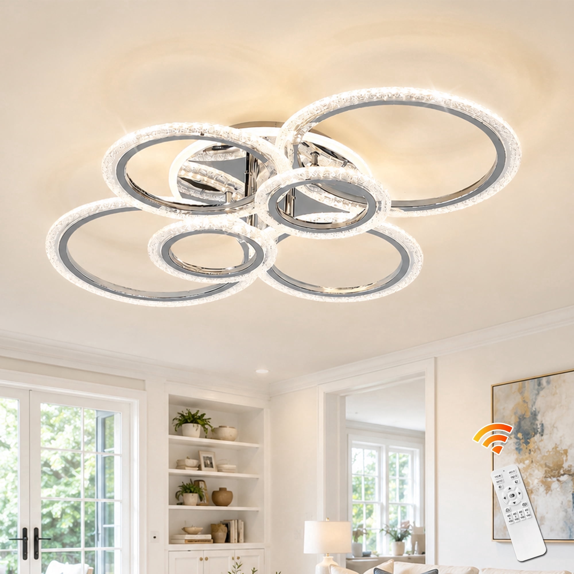 Garwarm Modern Chrome 6-Ring Integrated LED Flush Mount Ceiling Light, Dimmable with Remote Control, Adjustable Color Temperature, Ceiling Fixture for Living Room, Dining Room Bedroom