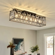 Garwarm Black Crystal Ceiling Light, 6-Light Modern Farmhouse Flush Mount Dining Room Lighting Fixture, K9 Crystal Raindrop Lighting for Dining Living Room Kitchen Island