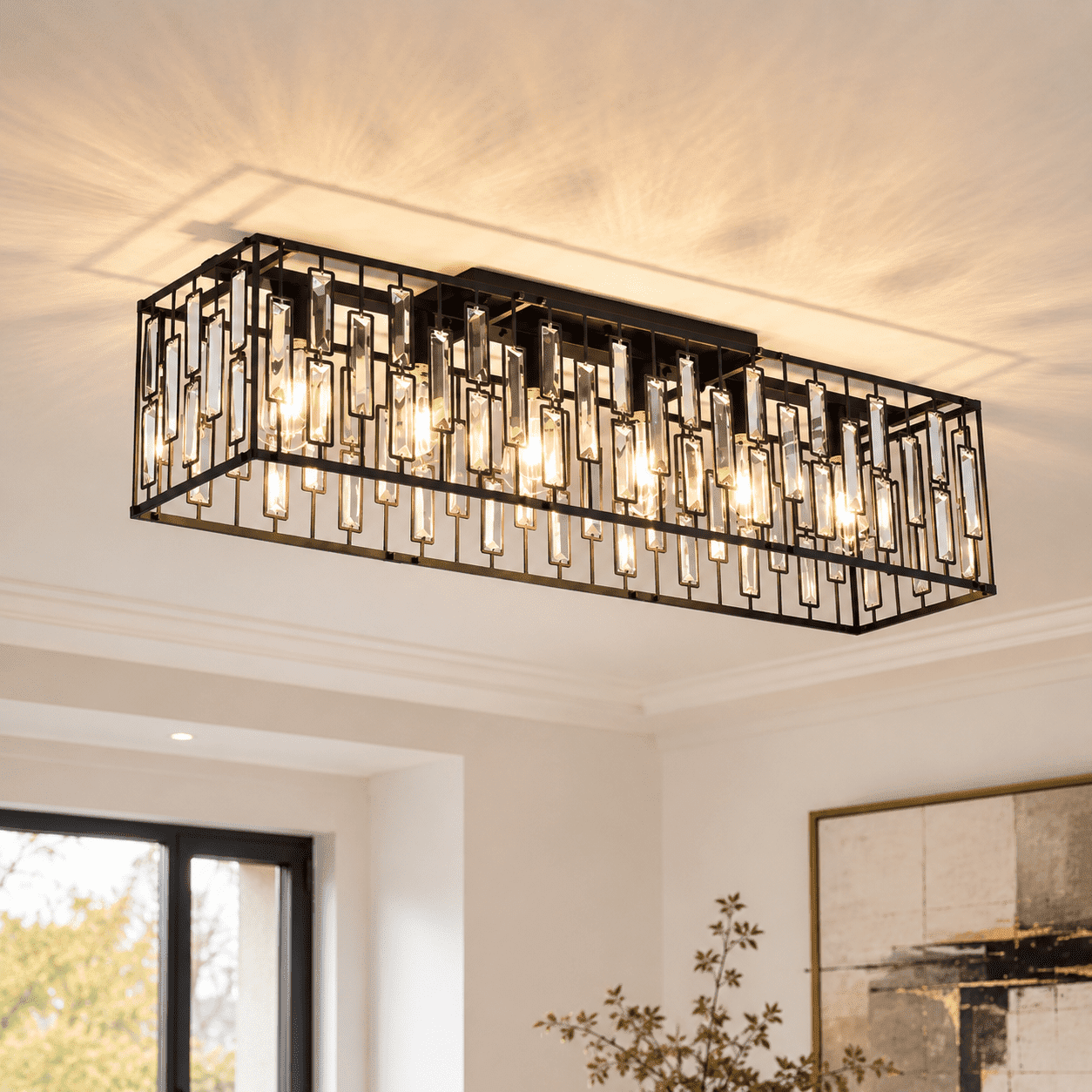 Garwarm 6-Light Black Crystal Flush Mount Chandelier, Modern Farmhouse K9 Crystal Ceiling Light Fixture for Dining Room Kitchen Island Living Room