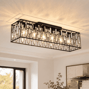 Garwarm 6-Light Black Crystal Flush Mount Chandelier, Modern Farmhouse K9 Crystal Ceiling Light Fixture for Dining Room Kitchen Island Living Room