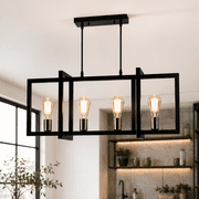 Garwarm 4-Light Industrial Kitchen Island Pendant Light, Matte Black Rectangular Chandelier, Adjustable Linear Hanging Light Fixture for Dining Room, Kitchen Island, Bar
