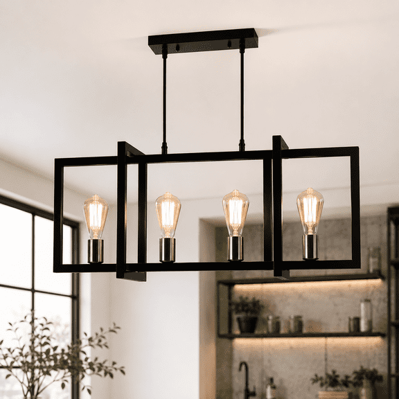 Garwarm 4-Light Industrial Kitchen Island Pendant Light, Matte Black Rectangular Chandelier, Adjustable Linear Hanging Light Fixture for Dining Room, Kitchen Island, Bar