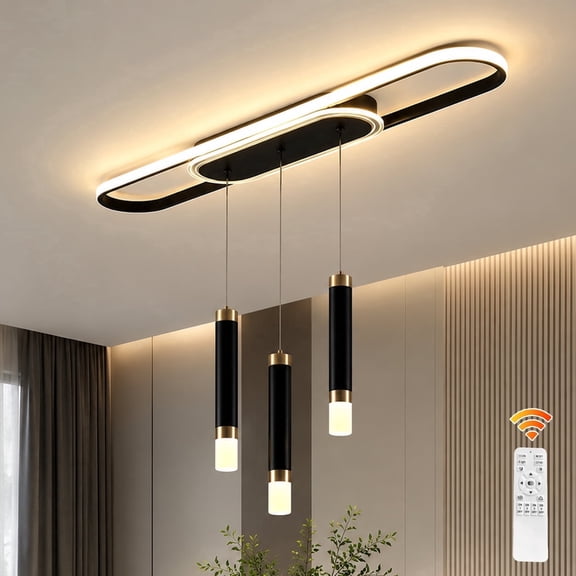 Garwarm 3-Light LED Pendant Light with Remote Control, Modern Black and Gold Dimmable Kitchen Island Light, Adjustable 3000K-6500K Color Temperature for Dining Room