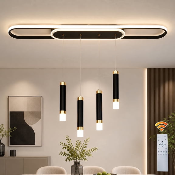 Garwarm 4-Light LED Pendant Light with Remote Control, Modern Black and Gold Dimmable Kitchen Island Light, Adjustable 3000K-6500K Color Temperature for Dining Room