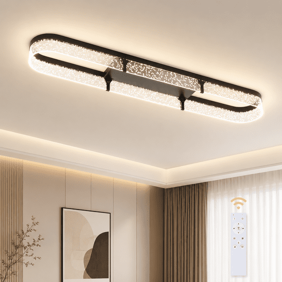 Garwarm 43.31 in. 48W Black Modern LED Ceiling Light, Dimmable Rectangular Flush Mount Ceiling Light with Remote Control, Black Bubble Light Fixture for Bedroom Kitchen