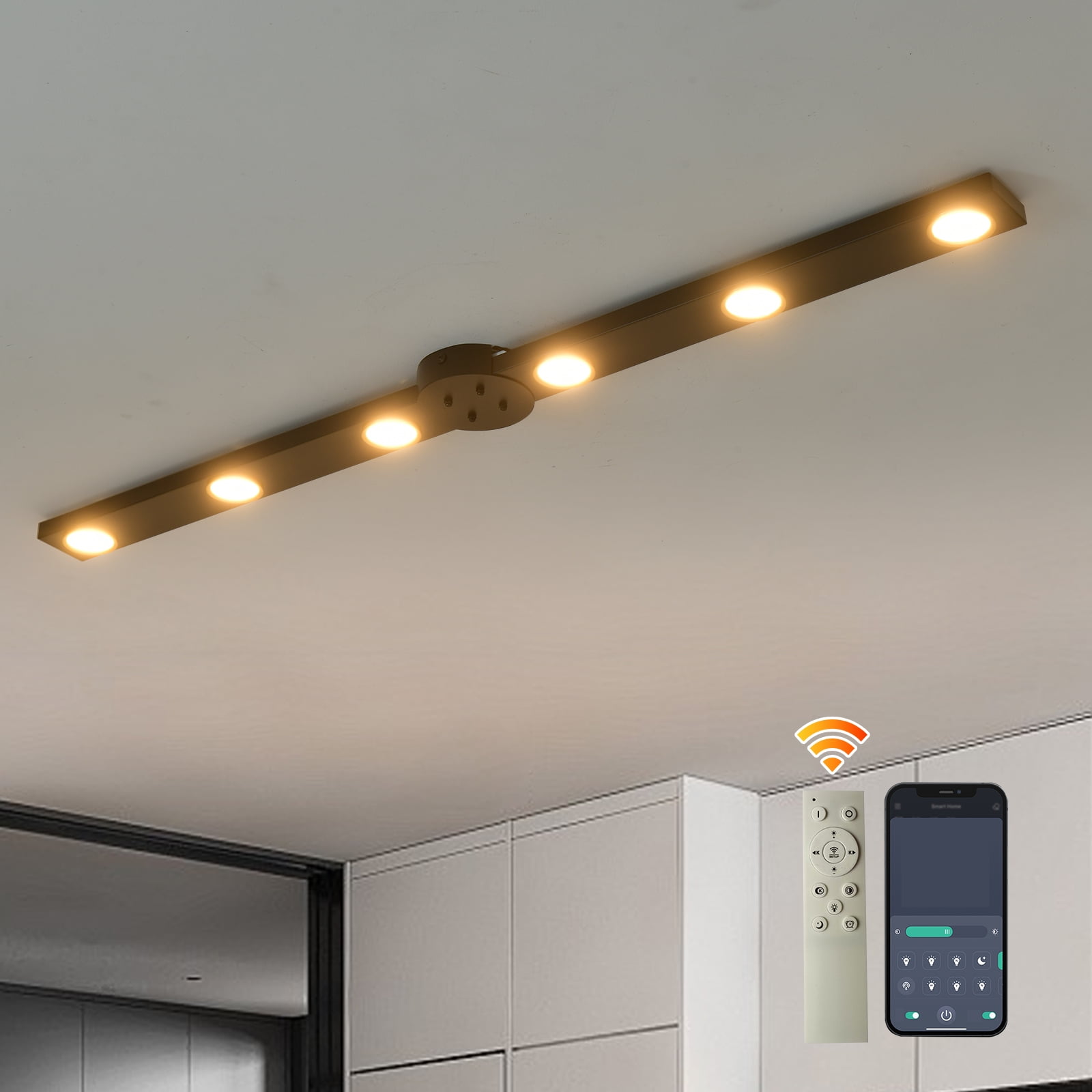 Garwarm Modern LED Ceiling Light 6-Light track light Spotlight Black linear Ceiling Light Lighting Fixture Dimmable Remote Control Living Bedroom Kitchen Dining Room Fixture