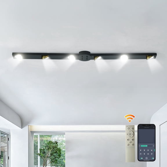 Garwarm 47.24 in. 6-Light Black LED Track Lighting Fixture, Modern Linear Ceiling Light with Remote, Dimmable Spotlight for Living Room Bedroom Kitchen Dining Room