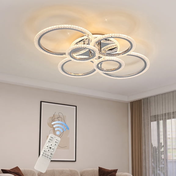 Open Box Garwarm Modern LED Ceiling Light, Dimmable LED Flush Mount Ceiling Lights, Remote Control Acrylic Ring Fixture for Living Room Dining Room Bedroom (Chrome, 6 Rings)