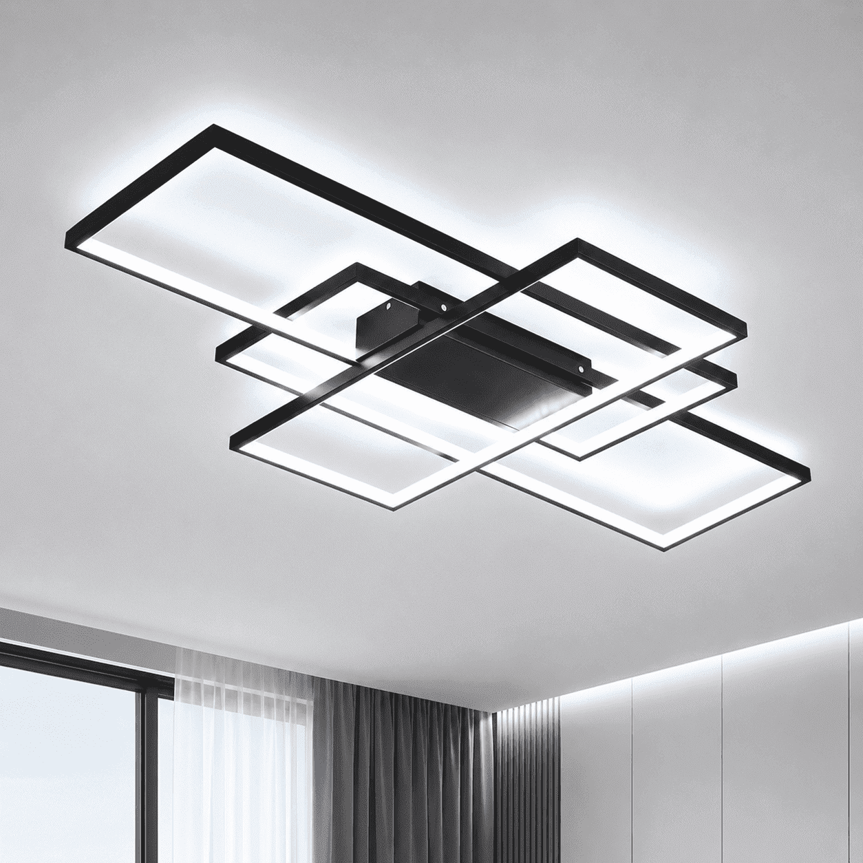 Garwarm 43.3 in. Modern LED Flush Mount Ceiling Light, Black Square Ceiling Light Fixture, 6500K Cold White for Living Room, Bedroom, Kitchen