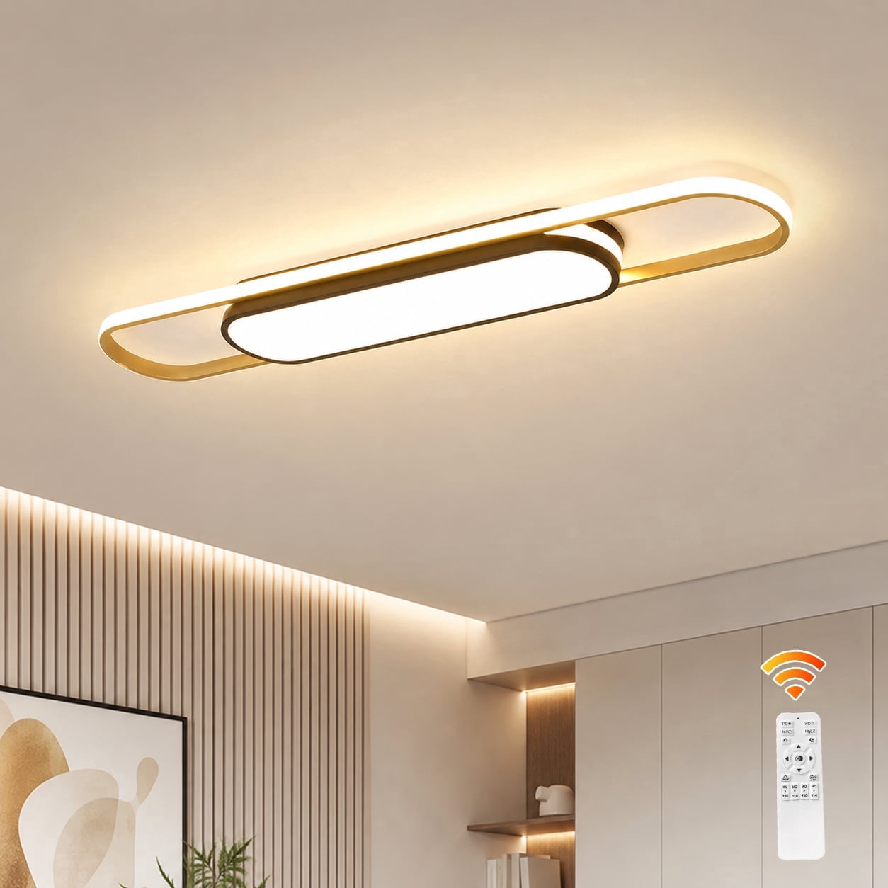 Garwarm 43.3" Modern LED Ceiling Light with Remote, Dimmable Linear Flush Mount Ceiling Fixture, 3000K-6500K Adjustable Lighting for Kitchen, Dining Room, Bedroom