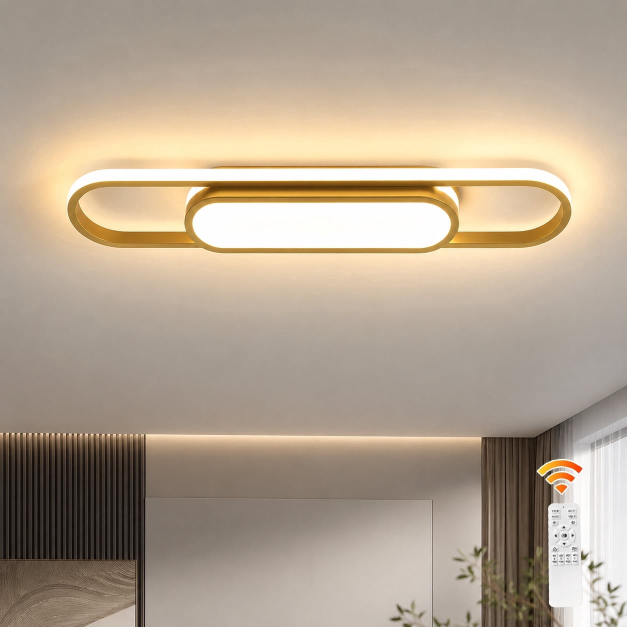 Garwarm 40W Gold Modern LED Ceiling Light with Remote, Dimmable Linear Flush Mount Ceiling Lamp, Light Fixture for Living Room, Bedroom, Kitchen, Dining Room