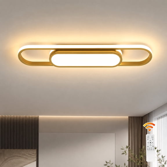 Garwarm 40W Gold Modern LED Ceiling Light with Remote, Dimmable Linear Flush Mount Ceiling Lamp, Light Fixture for Living Room, Bedroom, Kitchen, Dining Room