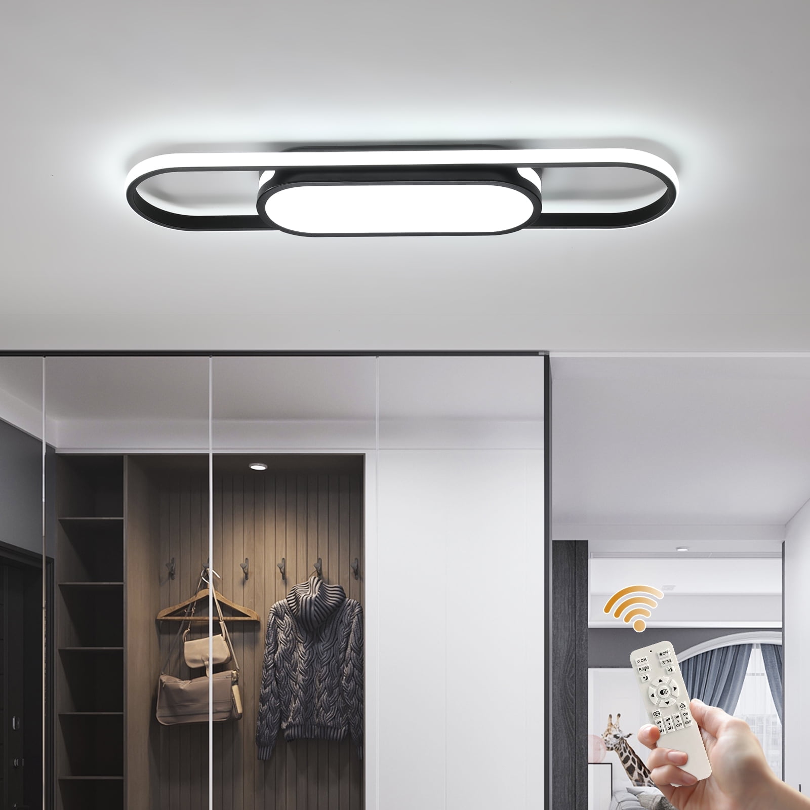 Garwarm Modern 27.5" Black Linear LED Ceiling Light, Dimmable Flush Mount Ceiling Fixture with Remote Control, 3000K-6500K Adjustable Lighting for Living Room, Kitchen, Hallway, Bedroom