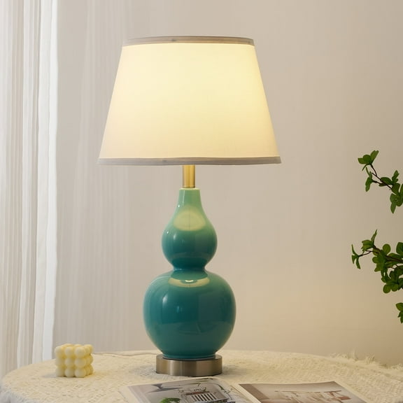 Garwarm Modern Simple Table Lamp for Bedroom Living Room Nightstand, Ceramic Desk Lamp with White Linen Shade, 9W Warm LED Bulb Included, USB Port