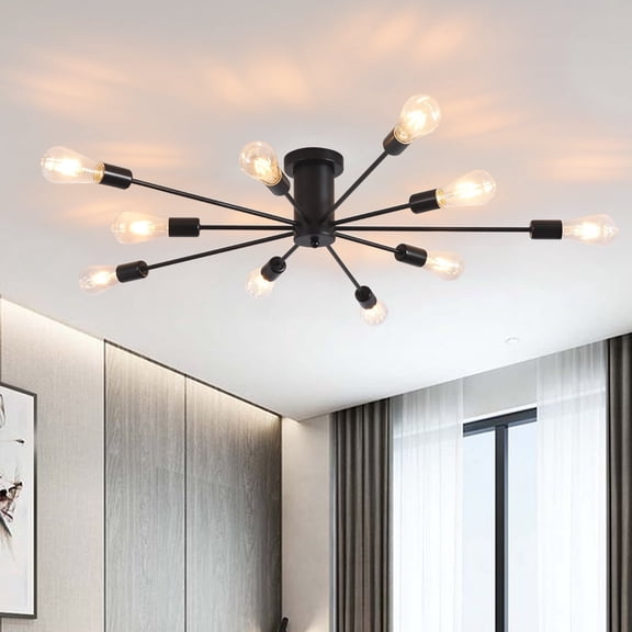 Garwarm Semi Flush Mount Ceiling Light, 10-Light Modern Black Sputnik Chandelier Industrial Ceiling Lamp for Kitchen Dining Room Living Room Bedroom Foyer Lighting Fixture