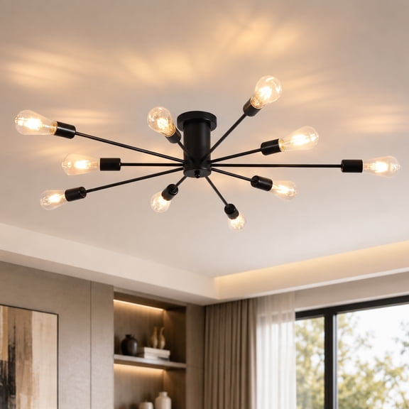 Garwarm 10-Light Black Sputnik Chandelier, Modern Semi Flush Mount Ceiling Light, Industrial Ceiling Lighting Fixture for Dining Room, Living Room, Bedroom, Kitchen, Foyer