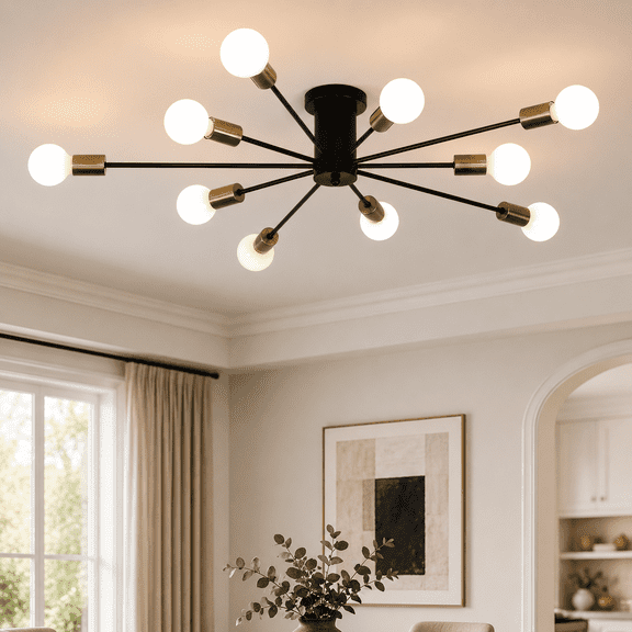 Garwarm 10-Light Black Gold Sputnik Chandelier, Modern Semi Flush Mount Ceiling Light, Industrial Ceiling Lighting Fixture for Dining Room, Living Room, Bedroom, Kitchen, Foyer