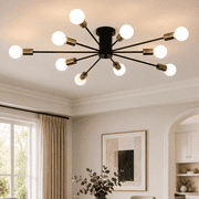 Garwarm 10-Light Black Gold Sputnik Chandelier, Modern Semi Flush Mount Ceiling Light, Industrial Ceiling Lighting Fixture for Dining Room, Living Room, Bedroom, Kitchen, Foyer