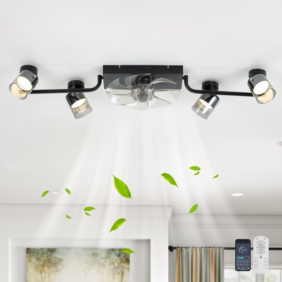 Garwarm Track Lighting Ceiling Fan with Light Fixtures, 4-Light Black Flush Mount Track Light Ceiling, Light Fixtures Directional Ceiling Spotlight for Kitchen Hallway Living Room