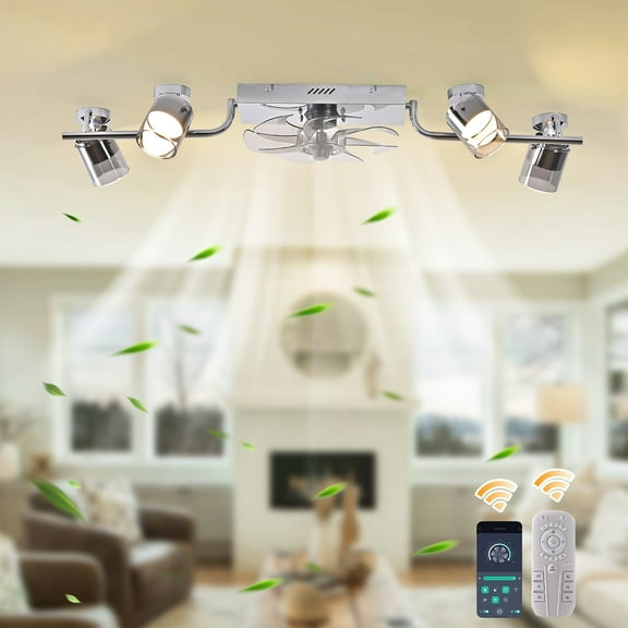 Garwarm Track Lighting Ceiling Fan with Light Fixtures, 4-Light Brushed Nickel Flush Mount Track Light Ceiling, Light Fixtures Directional Ceiling Spotlight for Kitchen Hallway Living Room