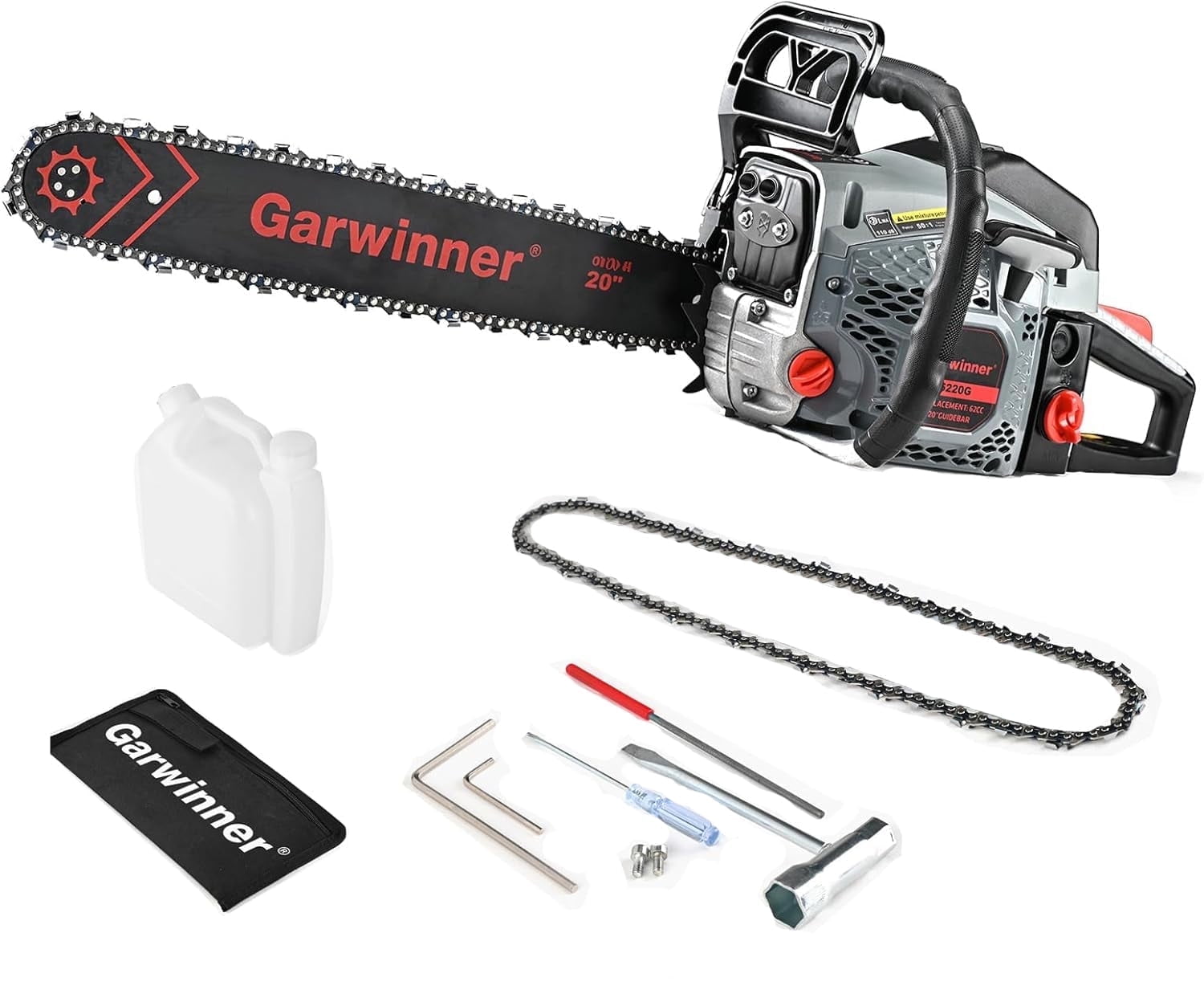 20in 62CC Gas Chainsaw 2 Stroke Handed Petrol Gasoline Powered Chain Saw 6220G with Two Chains