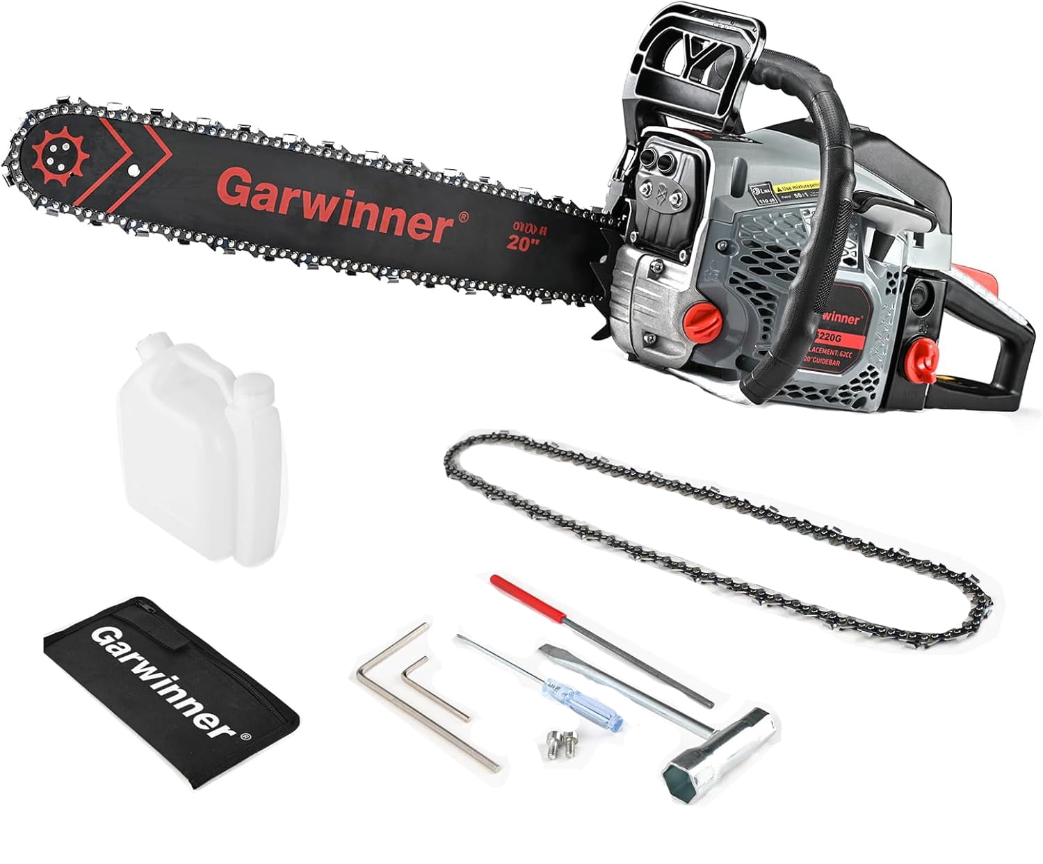 Garwinner 20-inch 62CC Gas Chainsaws 2 Stroke Handed Petrol Gasoline Powered Chain Saw for Cutting Wood Outdoor Garden Farm Home Use with Tool Kit 6220G