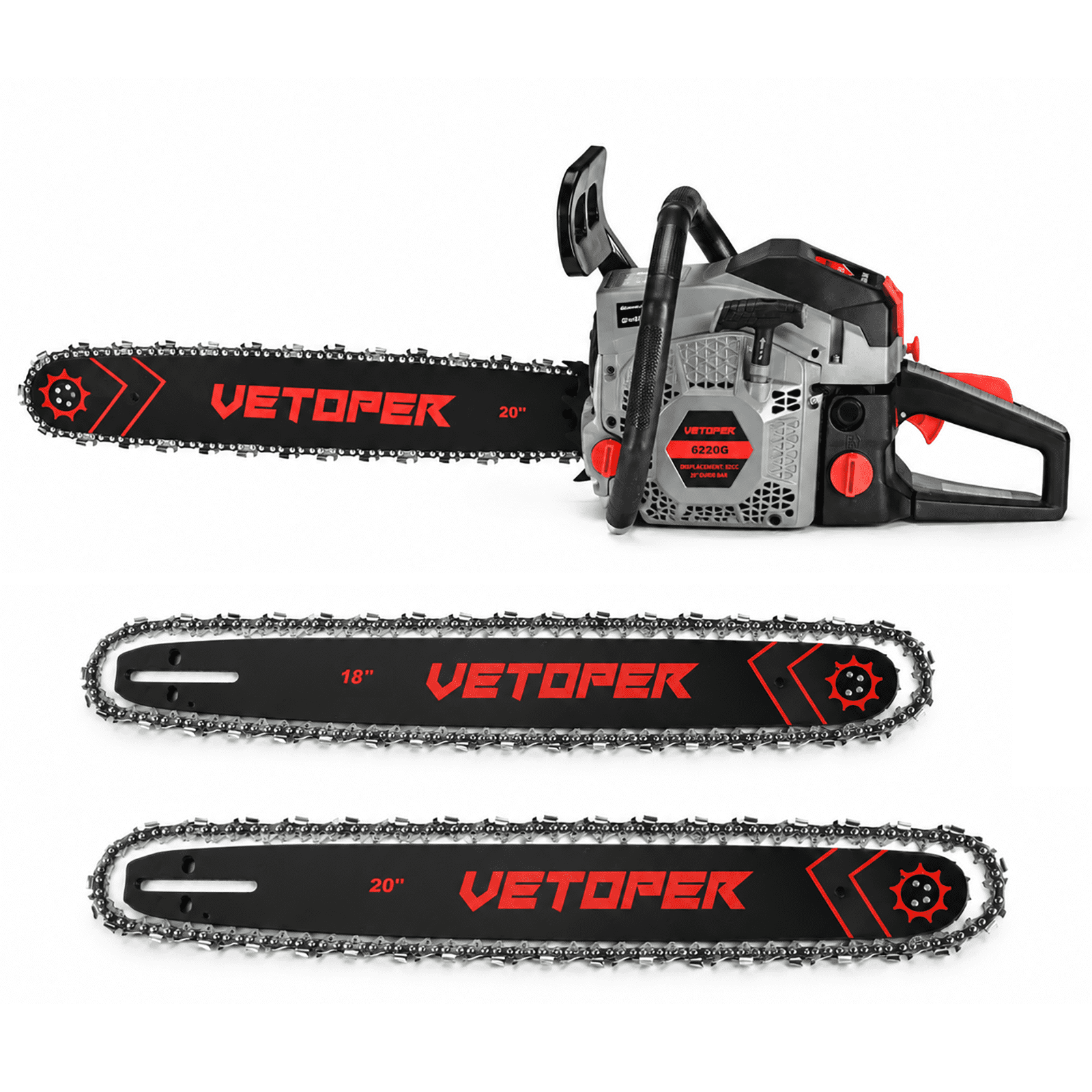 Vetoper Gas Chainsaw 62CC 2 Stroke Handed Petrol Gasoline Powered Chain Saw 6220G with Two Bars (18in+20in)