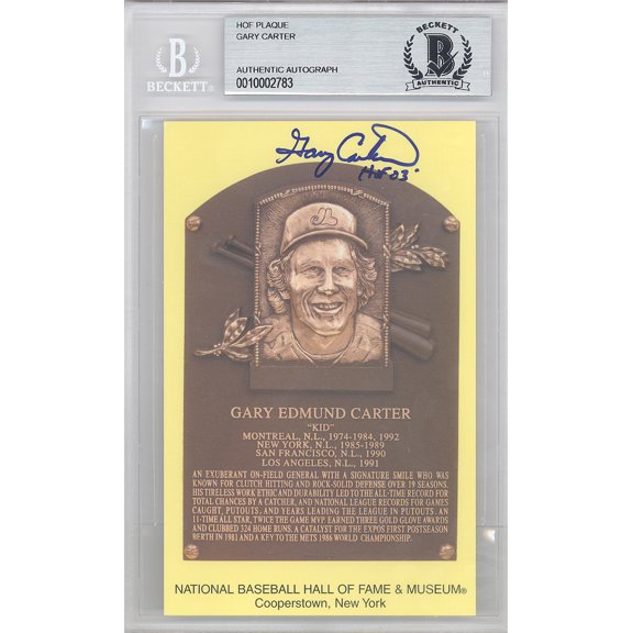 Gary Carter Autographed HOF Plaque Postcard Expos, Mets "HOF 03" Beckett BAS 124890