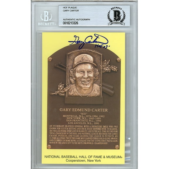 Gary Carter Autographed HOF Plaque Postcard Expos, Mets "HOF 03" Beckett BAS STOCK #128122