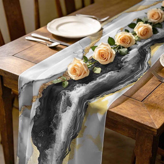 Gary Marble 10 ft Cheesecloth Table Runner for Wedding 27"x120", Modern Abstract Art Gradient Gary Gold Beach Waves Kitchen Dinner Sheer Tulle Chiffon Dresser Scarf, Holiday Party Decorations