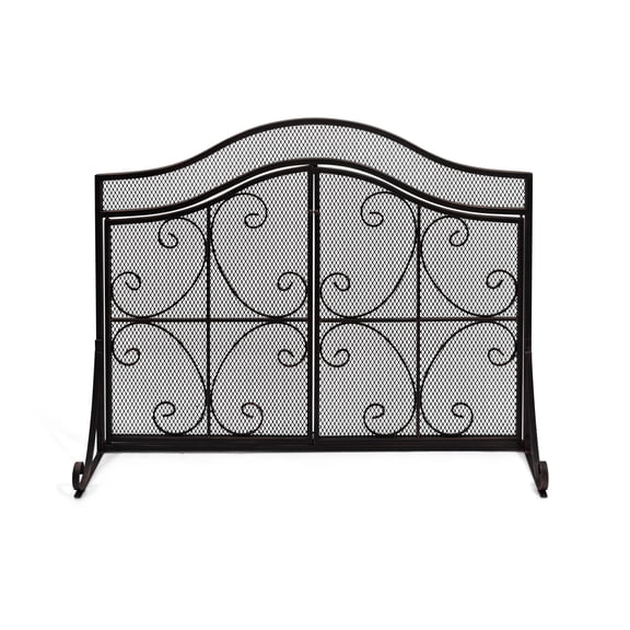 Gary Modern Three Panel Iron Firescreen with Door, Black Copper Finish