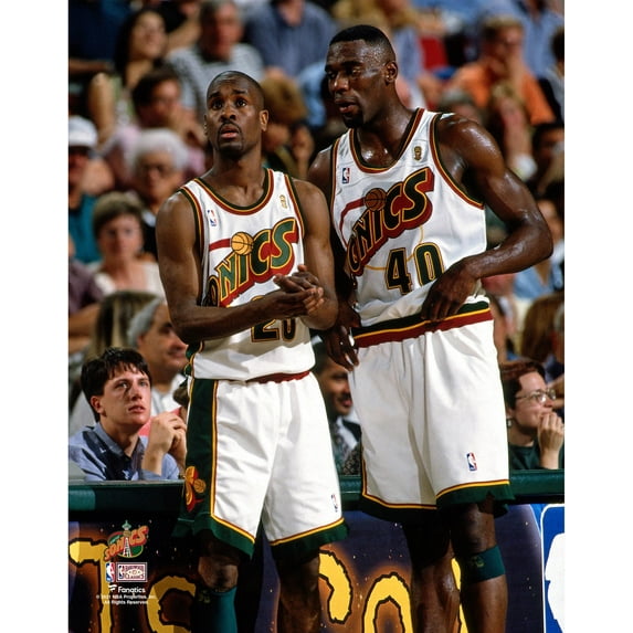 Gary Payton Seattle SuperSonics Unsigned Hardwood Classics Talking With Shawn Kemp Photograph
