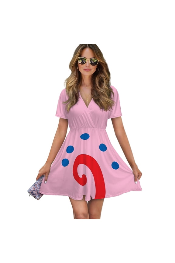 Gary The Snail Loose Pocket Women Dress V-Neck Short Sleeve Flowy Swing Party Midi Dress