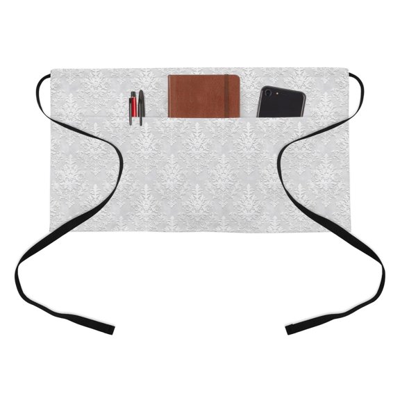 Gary Vintage Wallpaper Kitchen Restaurant Half Waist Apron, Medieval Turkish Pattern Server Short Apron with 3 Pockets Waterproof Oil Waist Aprons for Women Waitress Waiter