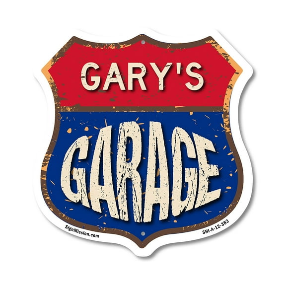 Gary's Garage 12 inch X 12 inch Shield-Shaped Rust-Free Aluminum Metal Sign Weather Resistant, UV Protected To last, Gift for Dads and Uncles Classic Americana Crafted in the USA