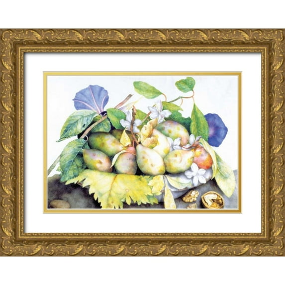 Garzoni, Giovanna 14x11 Gold Ornate Wood Framed with Double Matting Museum Art Print Titled - Dish of Plums, Jasmine and Walnuts
