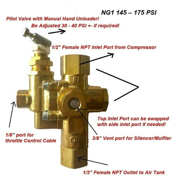 Gas Air Pilot Compressor Unloader Check Valve Combo 145 - 175 PSI 1/2" Female