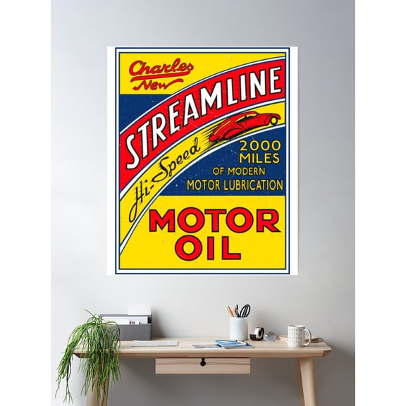 Gas And Oil T-Shirtstreamline Motor Oil Retro Sign Rectangular Poster Wall Art, Modern Wall Decor For Living Room Bedroom, 24x36 UNFRAMED
