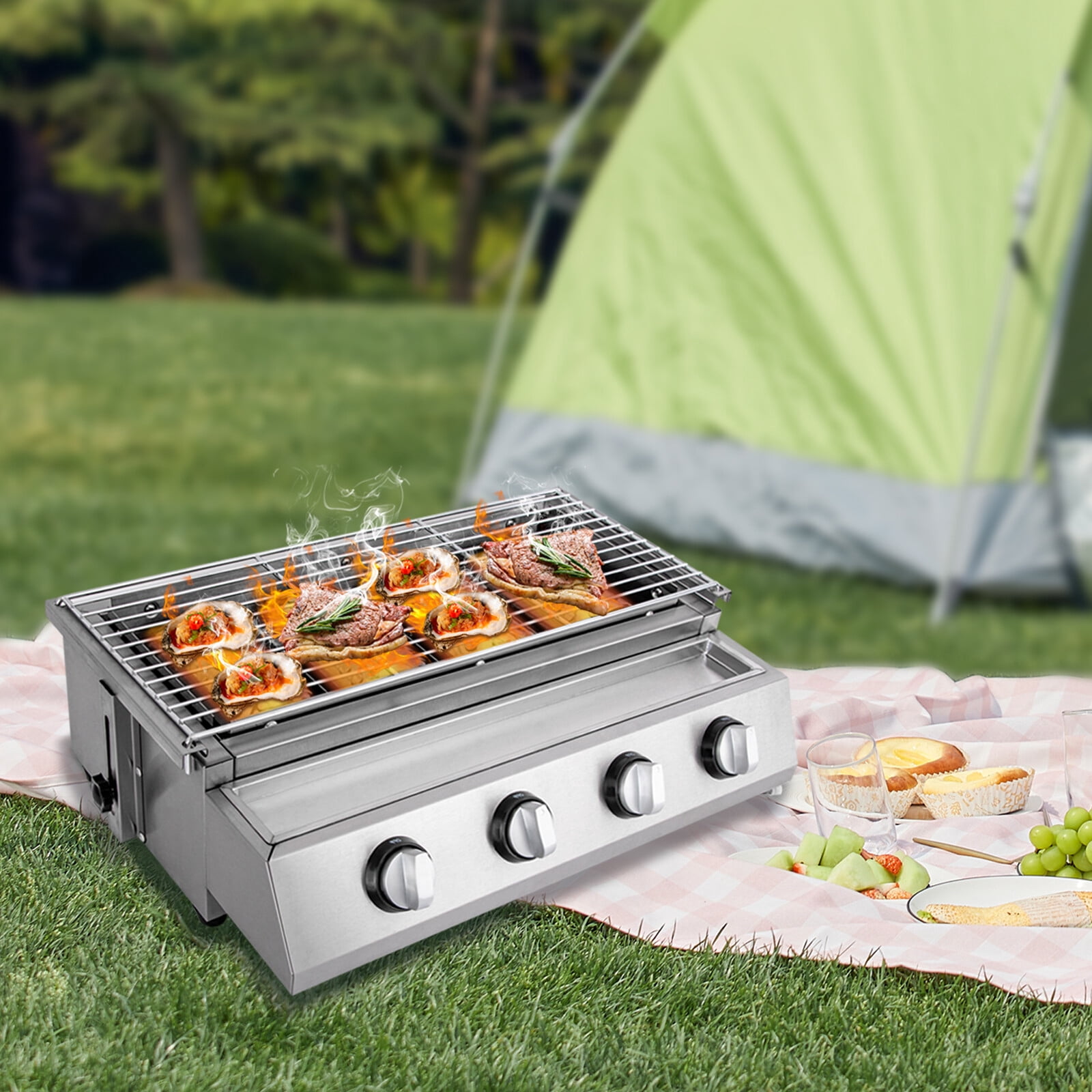 Gas BBQ Grill Stainless Steel Outdoor Camp Picnic Barbecue Shish Kabob 4 Burner Tabletop or Freestanding 2800Pa 22.4*15.4*6.9in for Camping, Gatherings, and Outdoor Activities