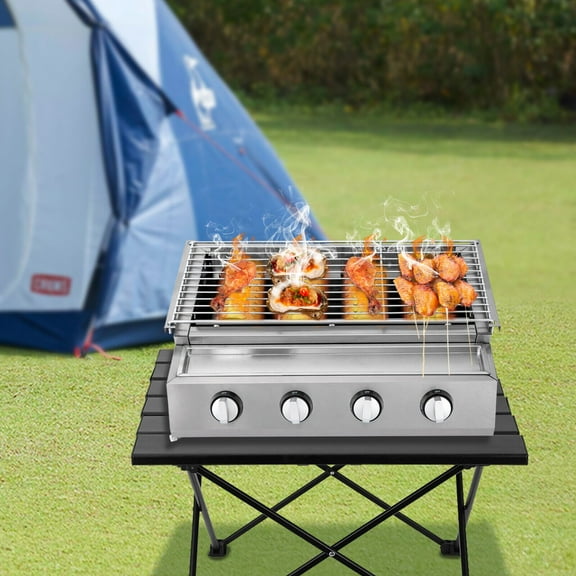 Gas BBQ Grill Stainless Steel Outdoor Camp Picnic Barbecue Shish Kabob 4 Burner