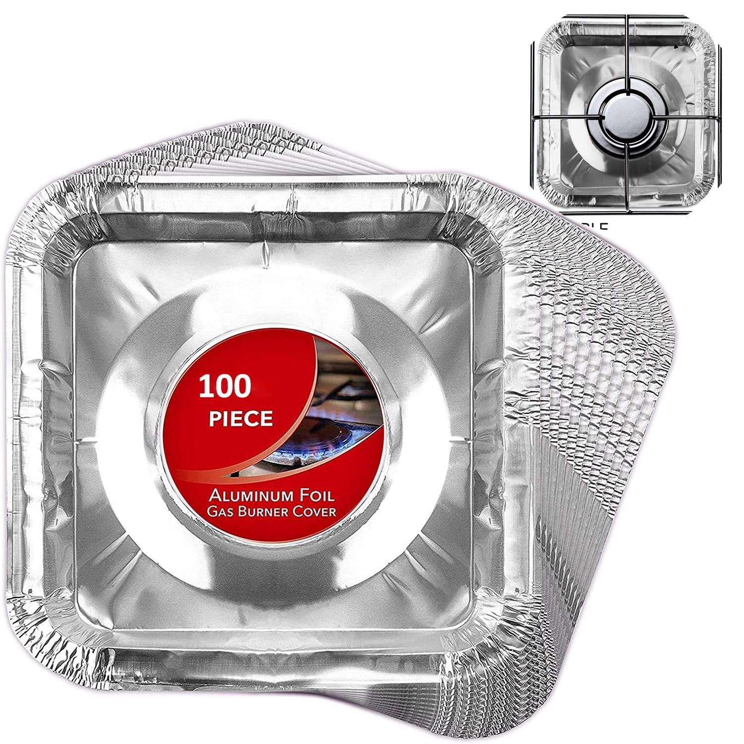 Gas Burner Liners (100 Pack) Disposable Aluminum Foil Square Stove Burner Covers - 8.5 Inch Gas Range Protector Bibs Keep Stove Clean - Foil Liners to Catch Oil, Grease and Food Spills