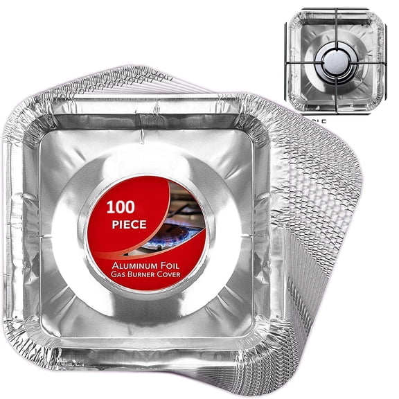 Gas Burner Liners (100 Pack) Disposable Aluminum Foil Square Stove Burner Covers - 8.5 Inch Gas Range Protector Bibs Keep Stove Clean - Foil Liners to Catch Oil, Grease and Food Spills