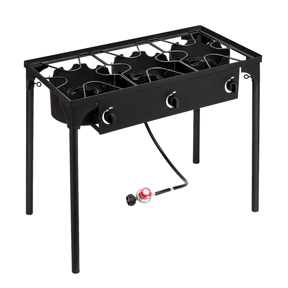 Gas Camping Stove with 0-20 Psi Regulator, 3 Burner Stove, Outdoor Stove, High Pressure Propane Gas Cooker Portable Cast Iron Patio Cooking Burner