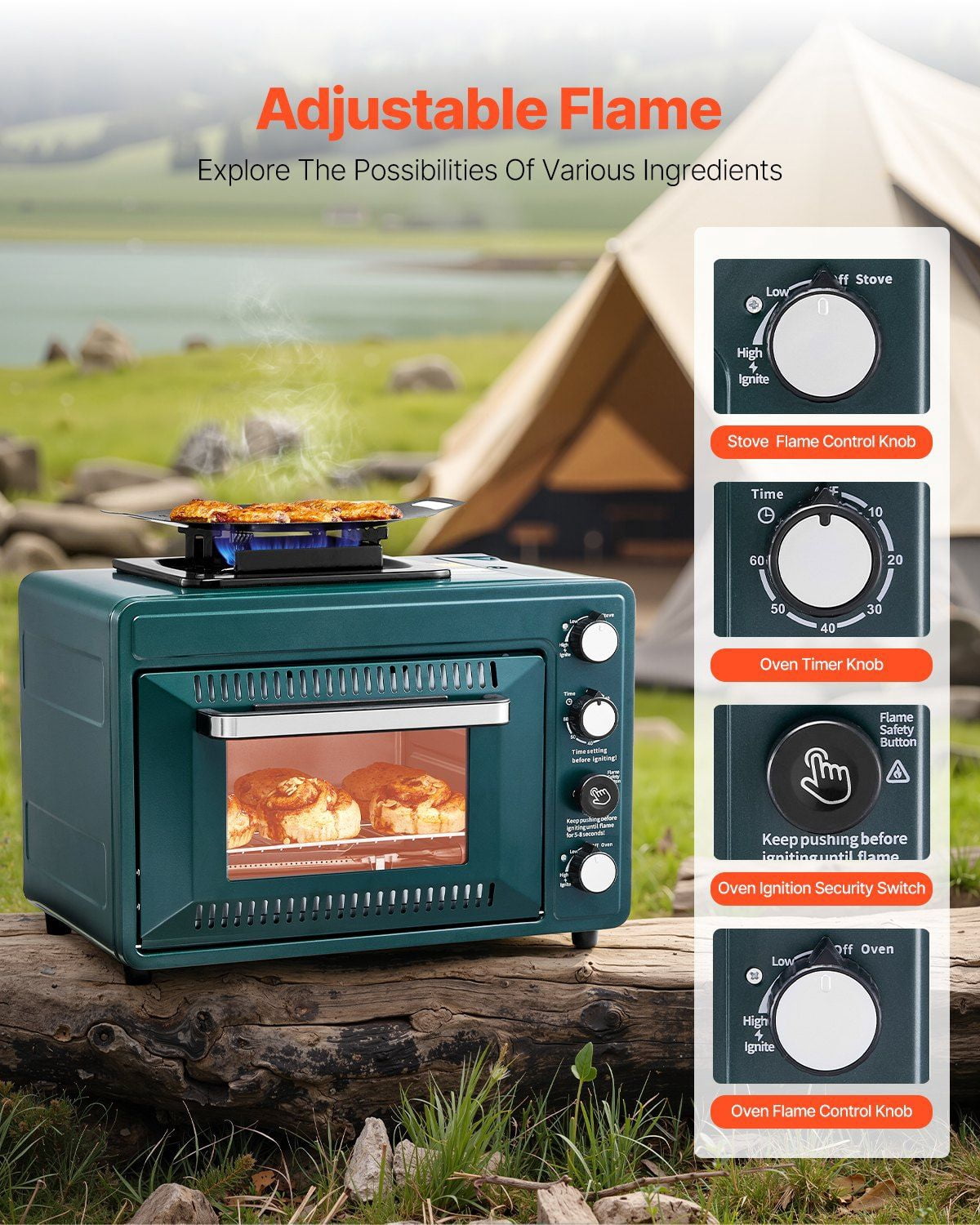 Gas Camping Stove with Built-In Oven  Portable 2-in-1 Outdoor Cooking System with Adjustable Flame Control for Versatile Camp Meals