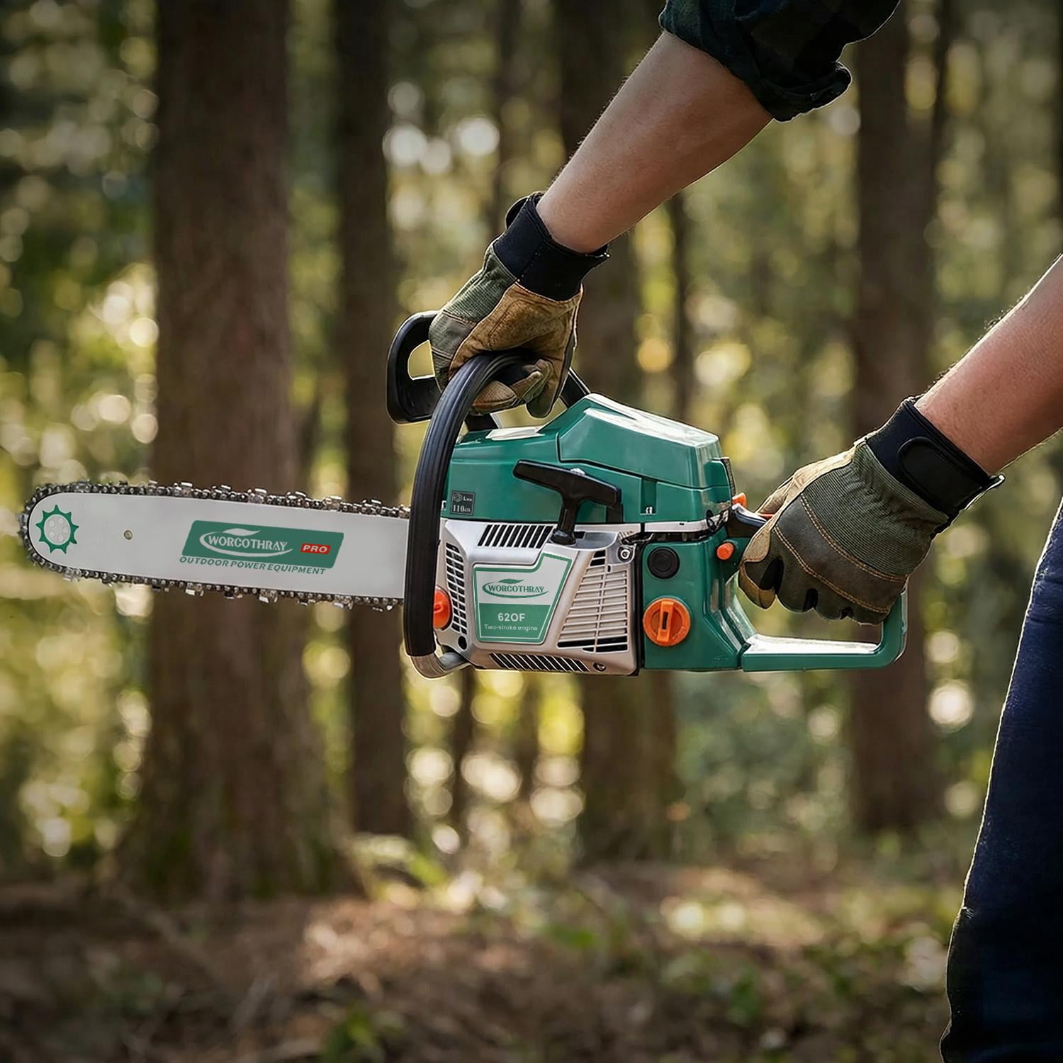 Gas Chainsaw, 62CC 2-Stroke Gasoline Chainsaw, 20-Inch Guide Bar and Chain, 0.325-Inch Pitch, 0.058-Inch Gauge, Anti-Vibration System, for Tree Pruning Land Clearing Firewood, Green and White