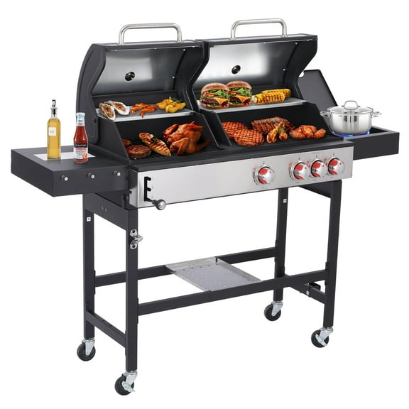 CIG GARDEN Gas and Charcoal Combo Grill, 3 Burner Propane Gas Grill with Side Burner, Cast Iron Grates Outdoor Barbecue Grill with 41,500 BTU Output
